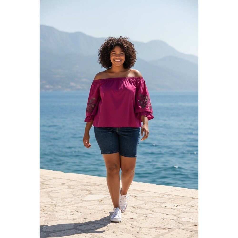 Lane Bryant Fushia Off Shoulders Blouse 18/20 With Embroidered Bell Sleeve